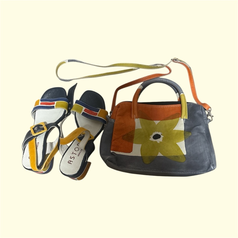 ASTORE VENEZIA Colorblock Leather Sandals, 37 EU & Floral Accent Crossbody Bag. - Picture 5 of 7
